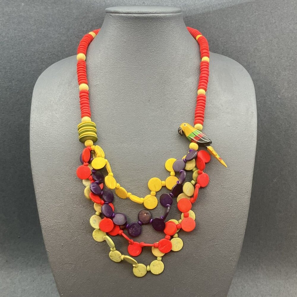 Colorful Parrot Beaded Necklace  Red Yellow Purple Green Beads Silver Hook BoHo